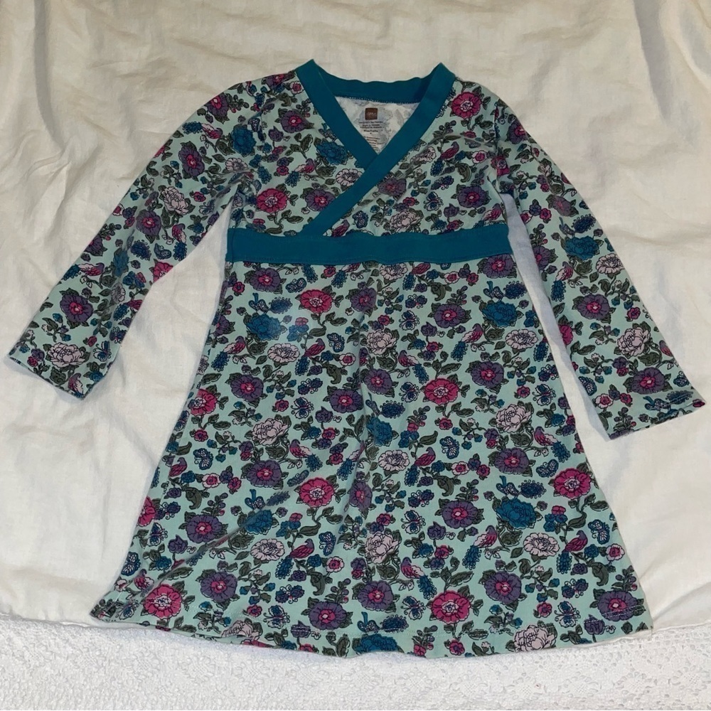 Tea Collection Sz 4 kimono style long sleeved dress green floral turquoise